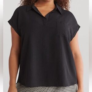 Pleione CRINKLE COLLARED pull over TOP IN BLACK womans plus size 1x euc